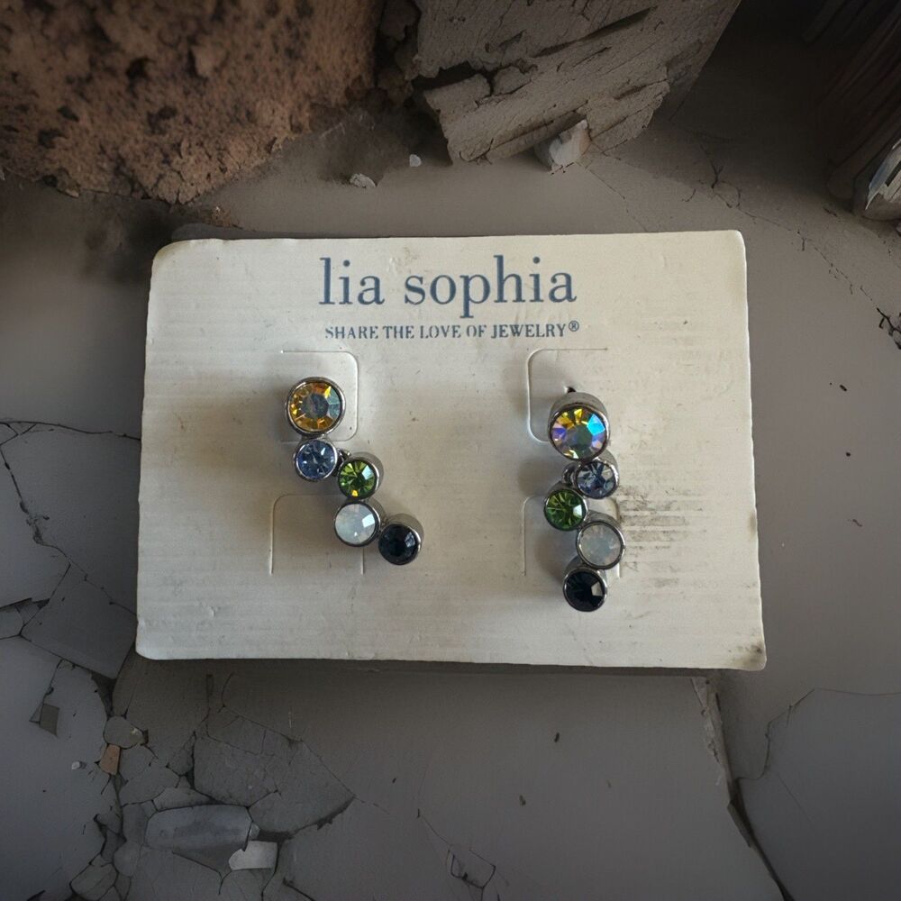 Lia Sophia Multicolor Crystal Drop Earrings Silver Tone Dangle Rhinestone